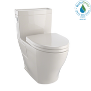 Bone-colored one-piece elongated toilet with soft-close seat and integrated tank.