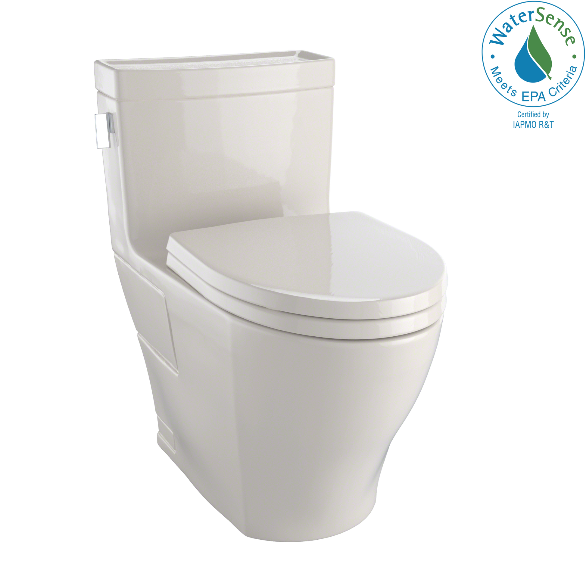 Bone-colored one-piece elongated toilet with soft-close seat and integrated tank.