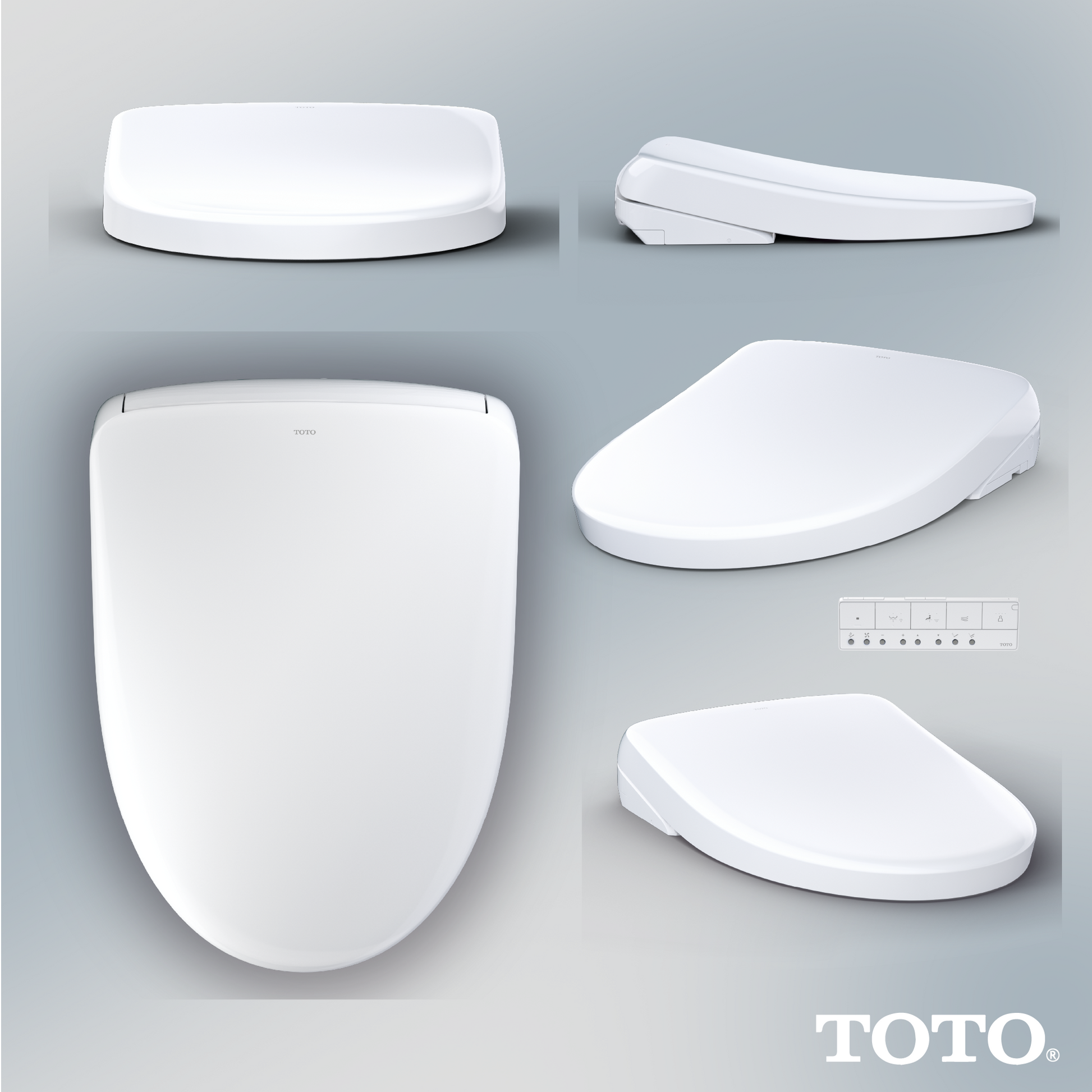 White elongated bidet seat shown from multiple angles with remote control visible.