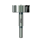 Freud Forstner bit with cylindrical shank and wide flat cutting head with center point and side cutting edges.