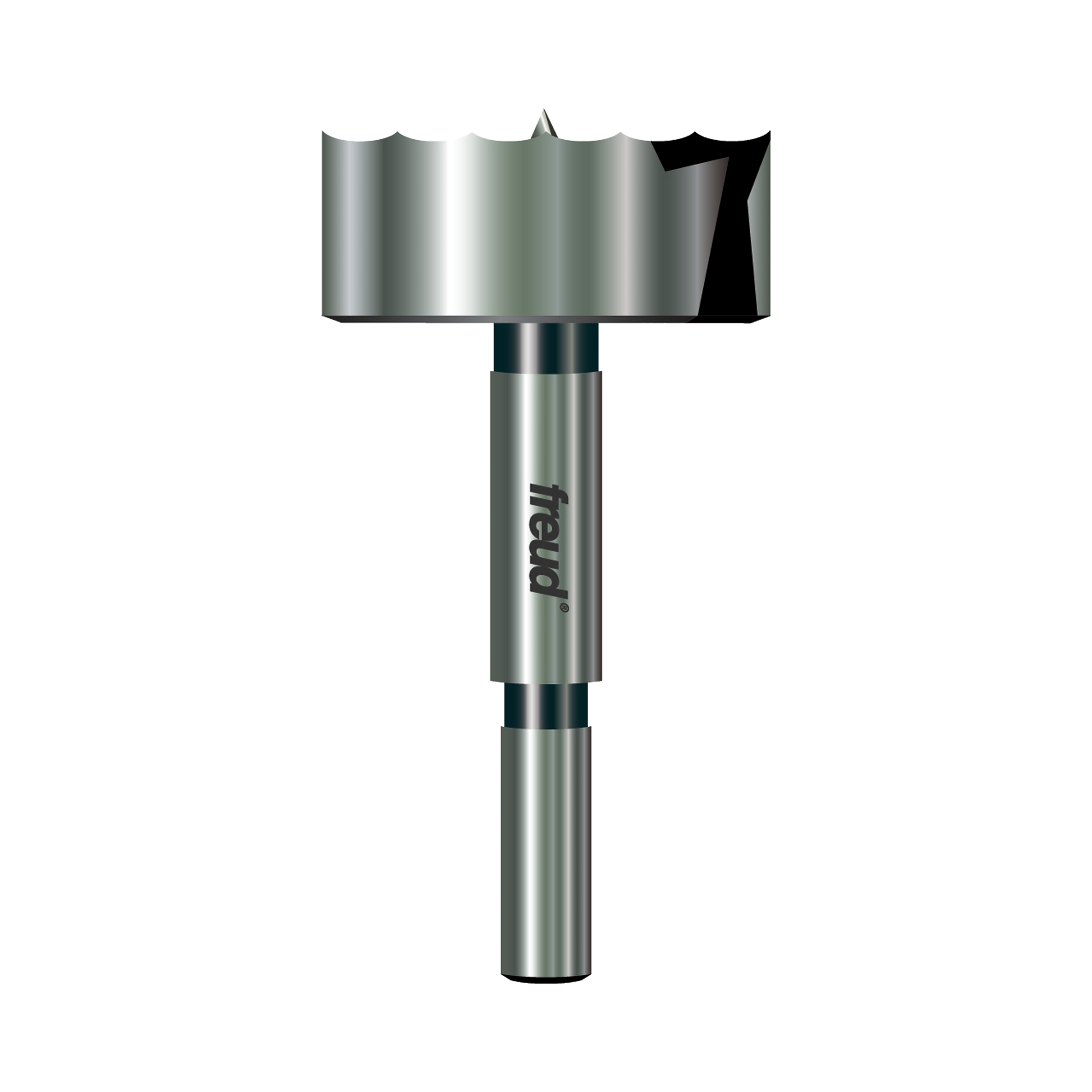 Freud Forstner bit with cylindrical shank and wide flat cutting head with center point and side cutting edges.