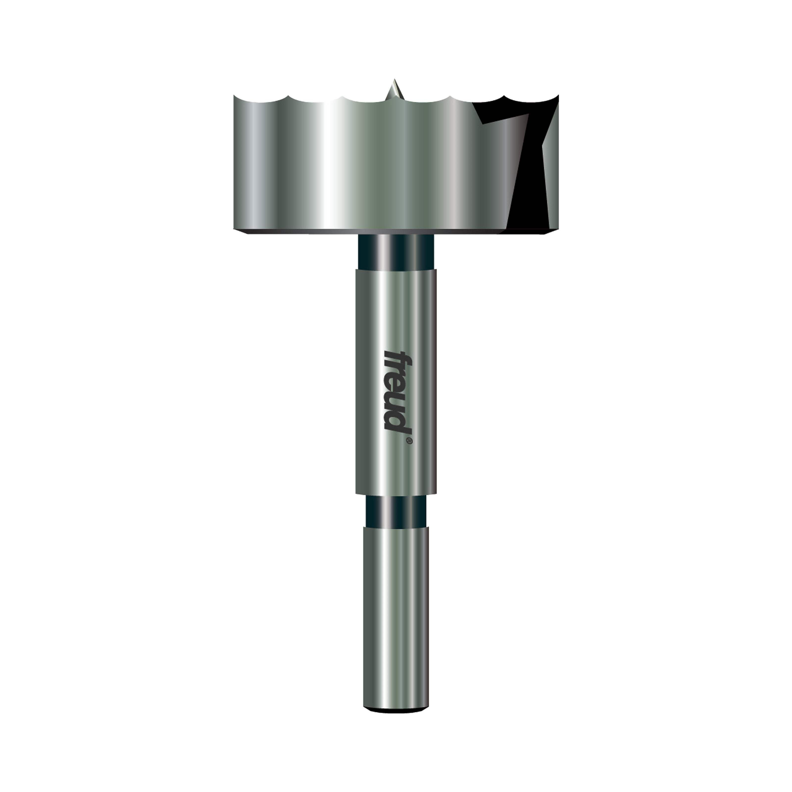 Freud Forstner bit with cylindrical shank and wide flat cutting head with center point and side cutting edges.