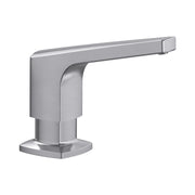 Stainless steel soap dispenser with a sleek lever arm and square base pedestal in brushed metal finish.