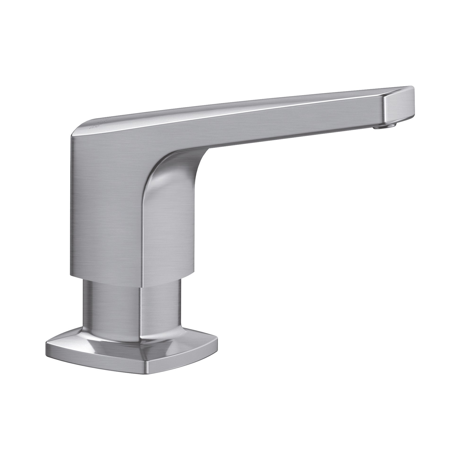 Stainless steel soap dispenser with a sleek lever arm and square base pedestal in brushed metal finish.