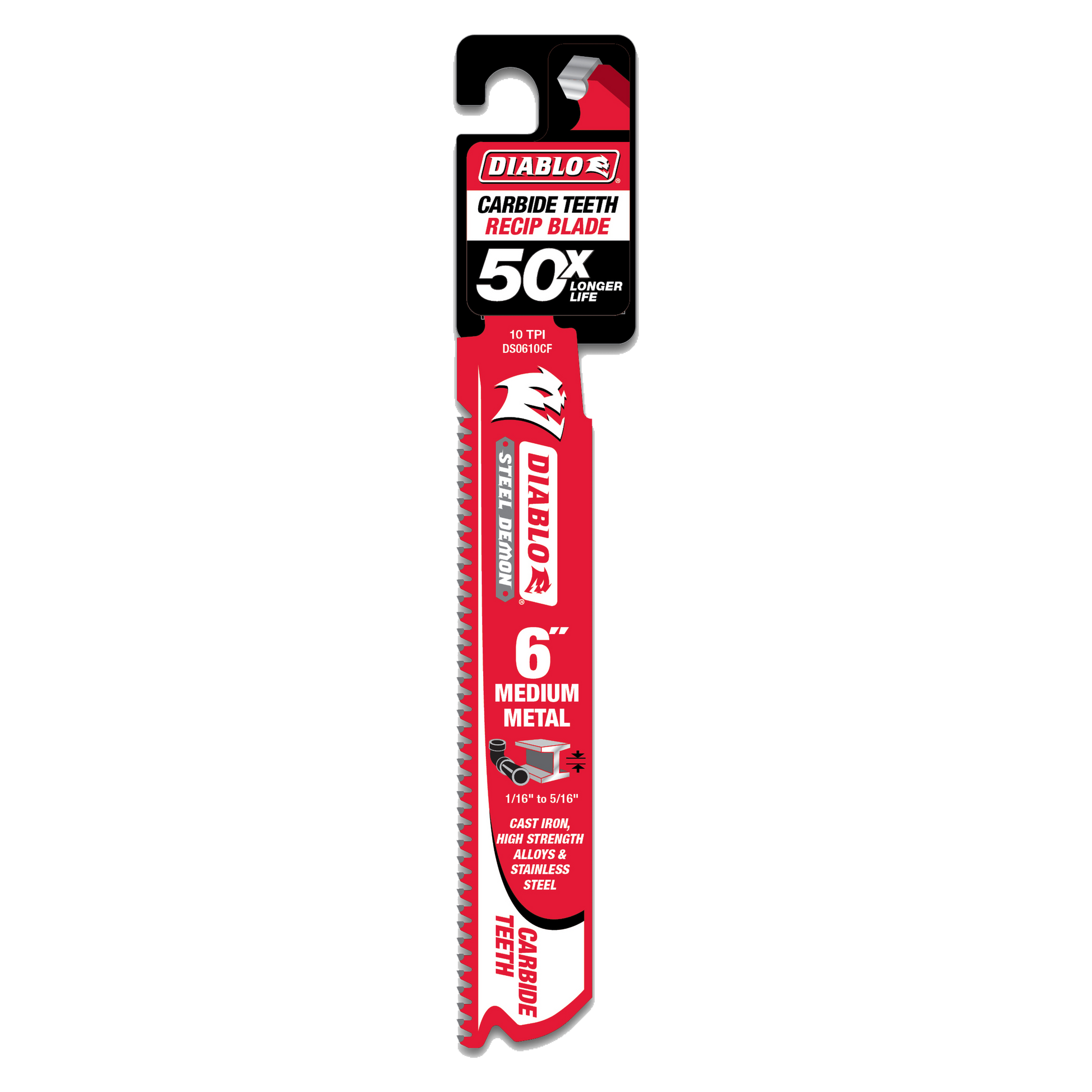 Diablo 6-inch carbide reciprocating saw blade with fine teeth on red and black packaging labeled for medium metal cutting.
