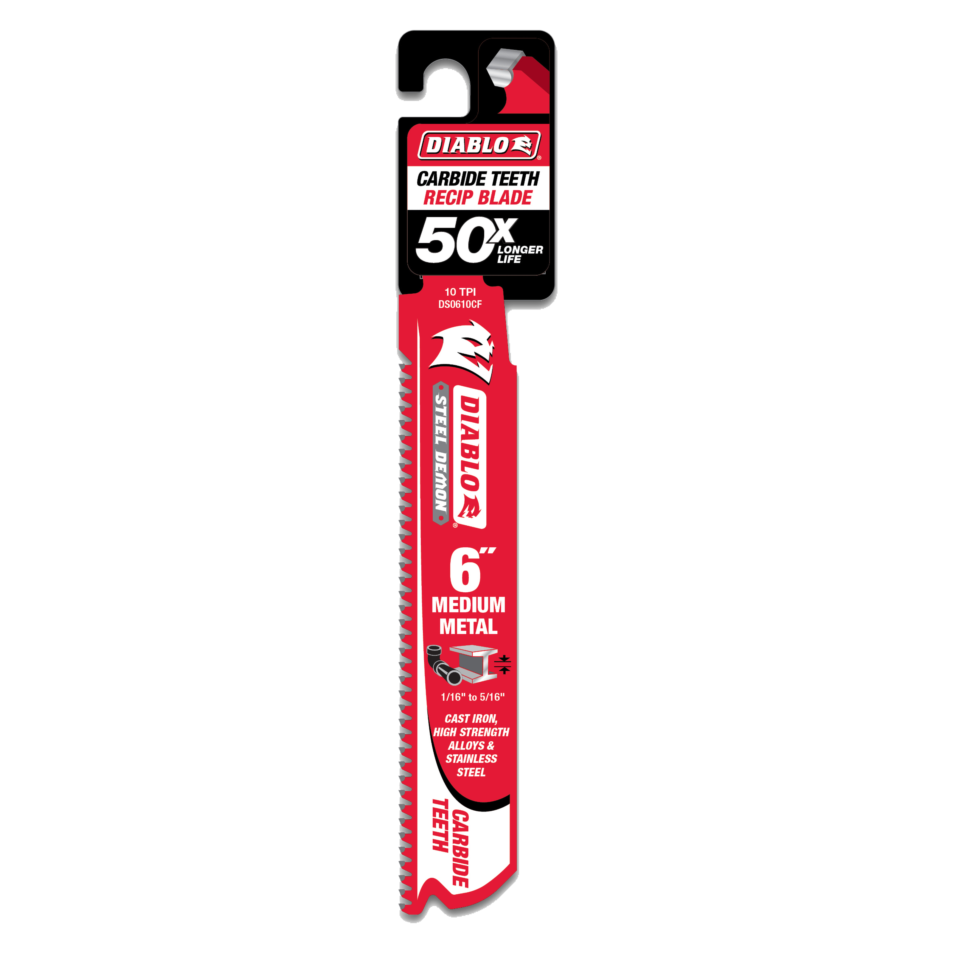 Diablo 6-inch carbide reciprocating saw blade with fine teeth on red and black packaging labeled for medium metal cutting.