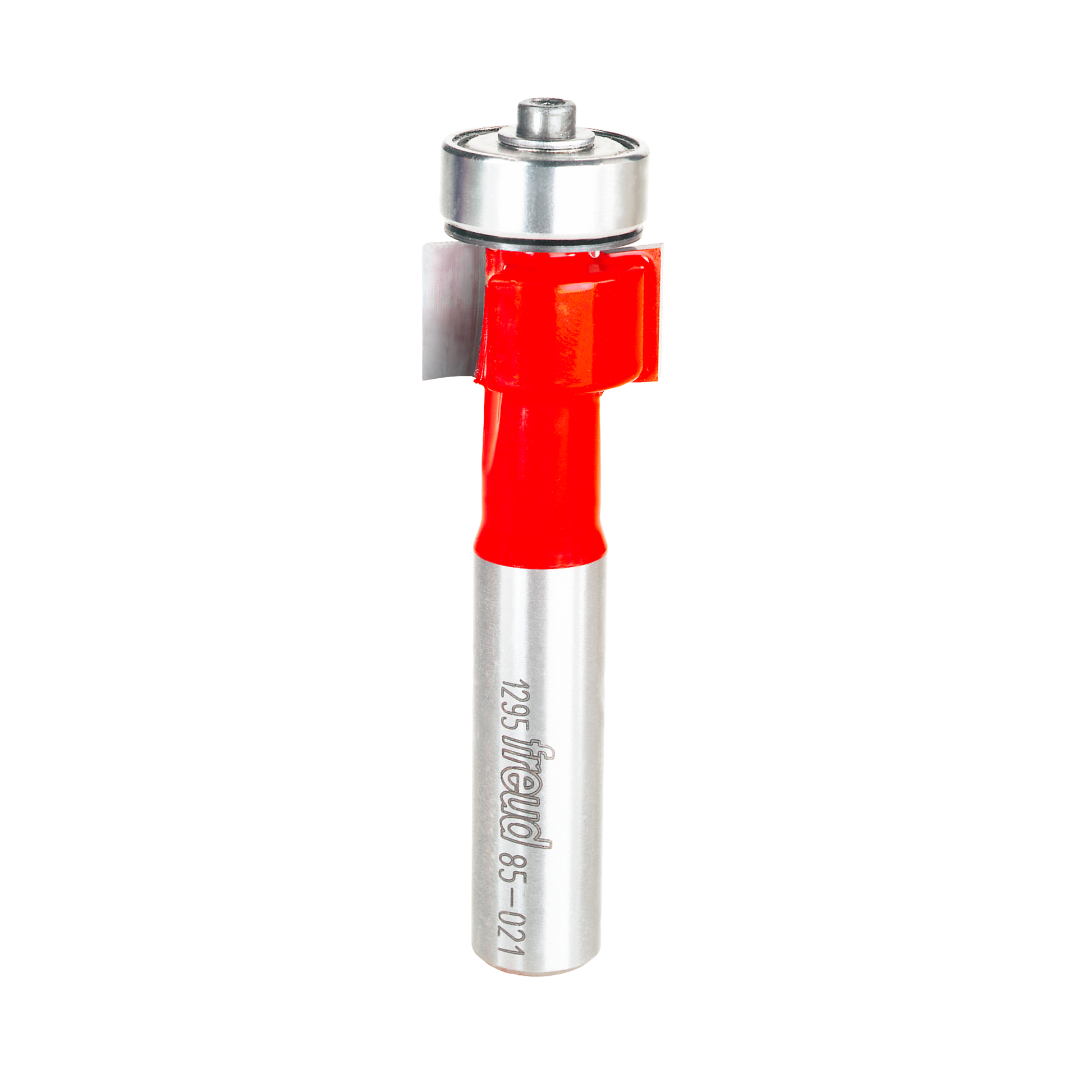 Silver router bit with red body and bearing collar, labeled 85-021 on the shaft.