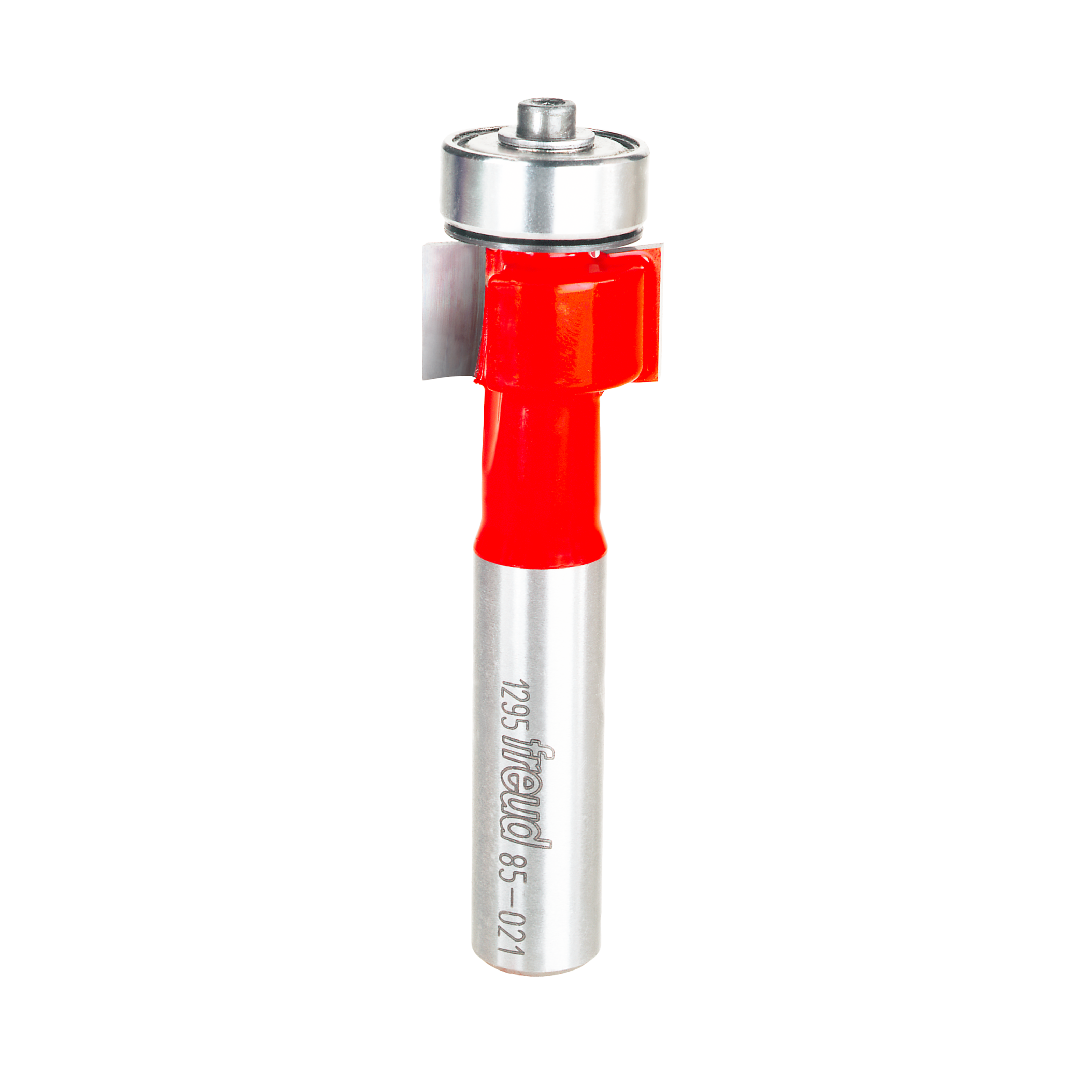 Silver router bit with red body and bearing collar, labeled 85-021 on the shaft.