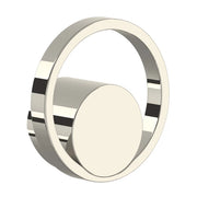 Polished nickel circular faucet handle with concentric rings and black stripe accents.