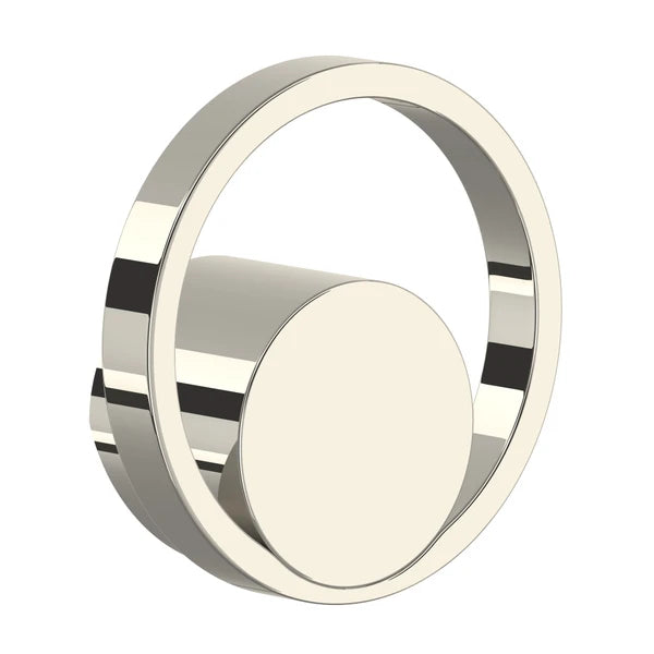 Polished nickel circular faucet handle with concentric rings and black stripe accents.