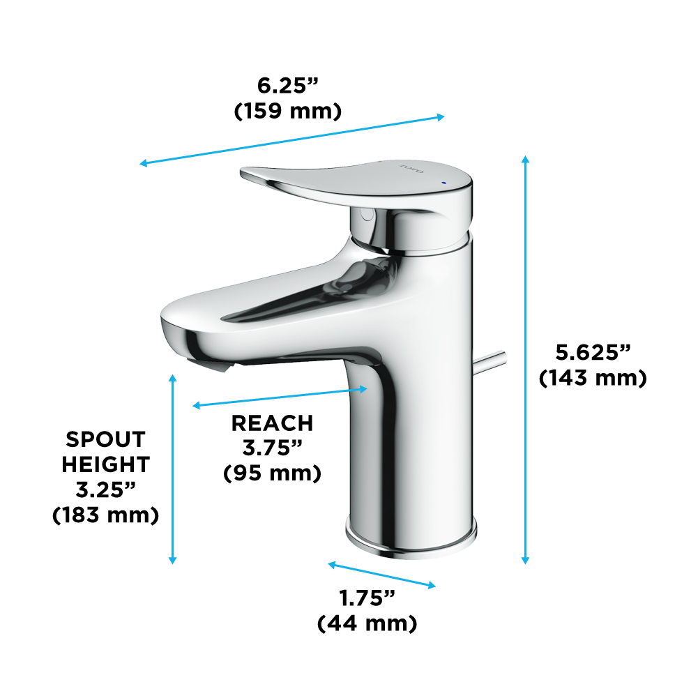 Polished chrome single-handle bathroom sink faucet with curved spout and rectangular handle, 5.625 inches tall.