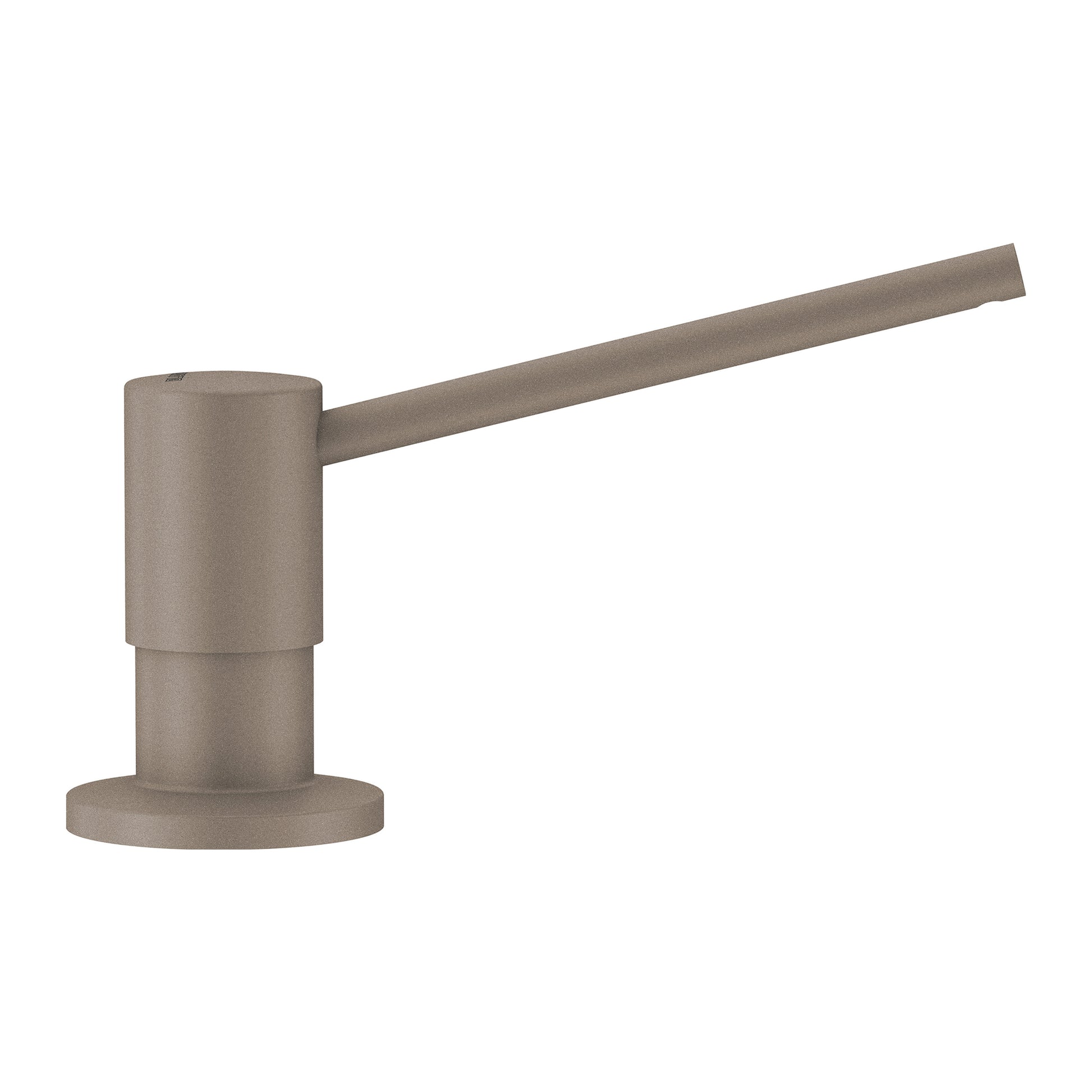 Truffle-colored cylindrical soap dispenser with angled spout and round base.
