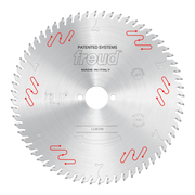 Circular saw blade with carbide-tipped teeth, center arbor hole, and red markings around the silver metal surface.