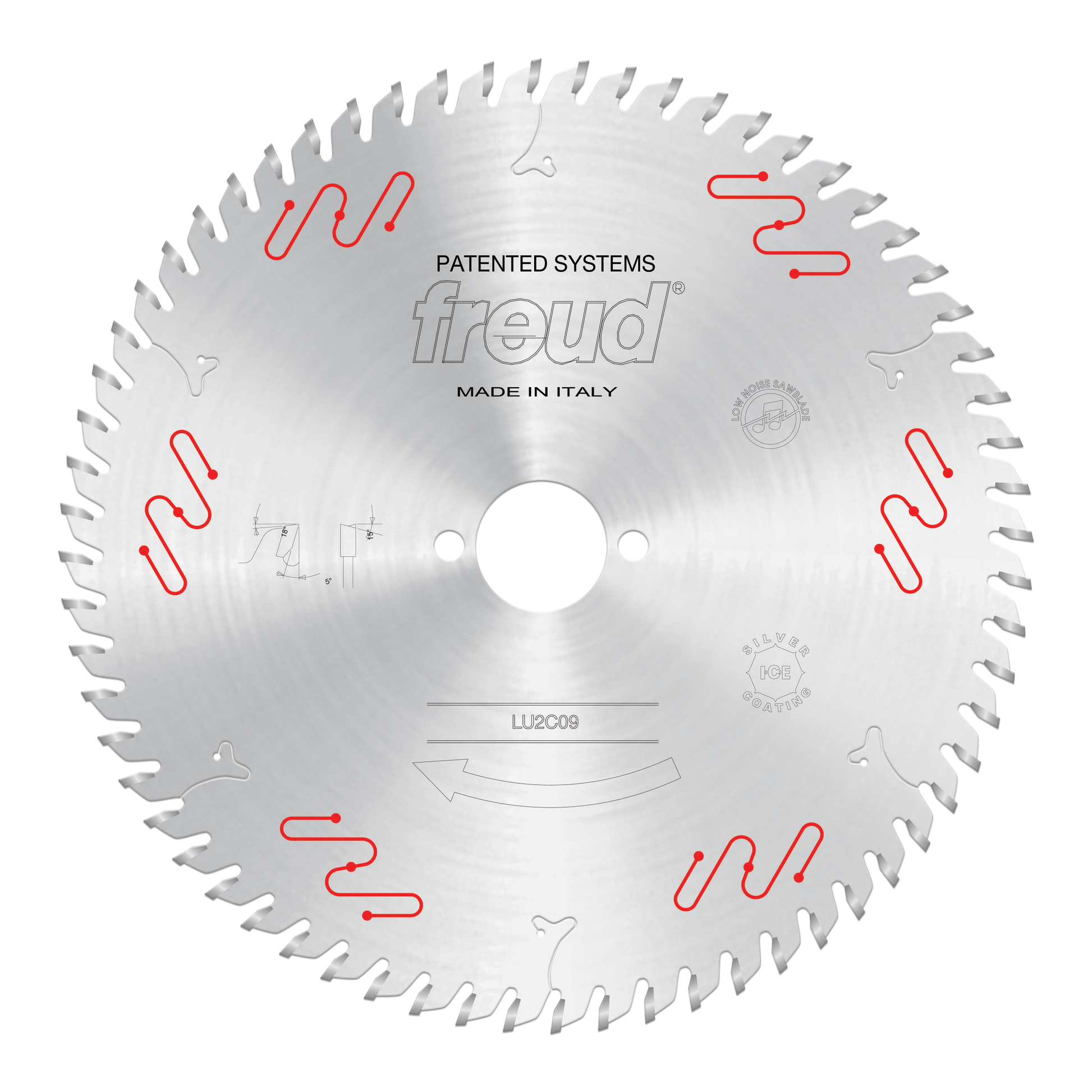 Circular saw blade with carbide-tipped teeth, center arbor hole, and red markings around the silver metal surface.