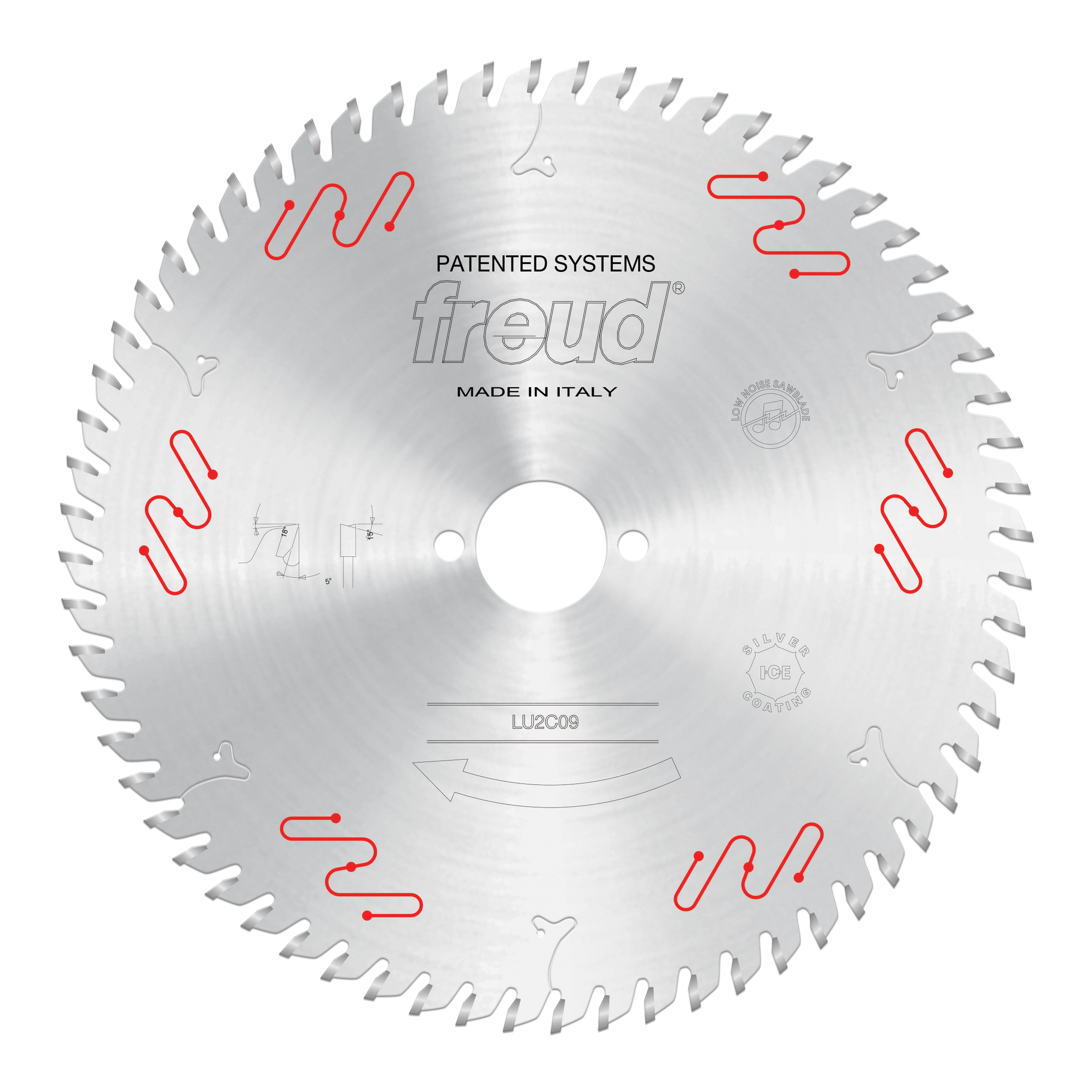 Circular saw blade with carbide-tipped teeth, center arbor hole, and red markings around the silver metal surface.