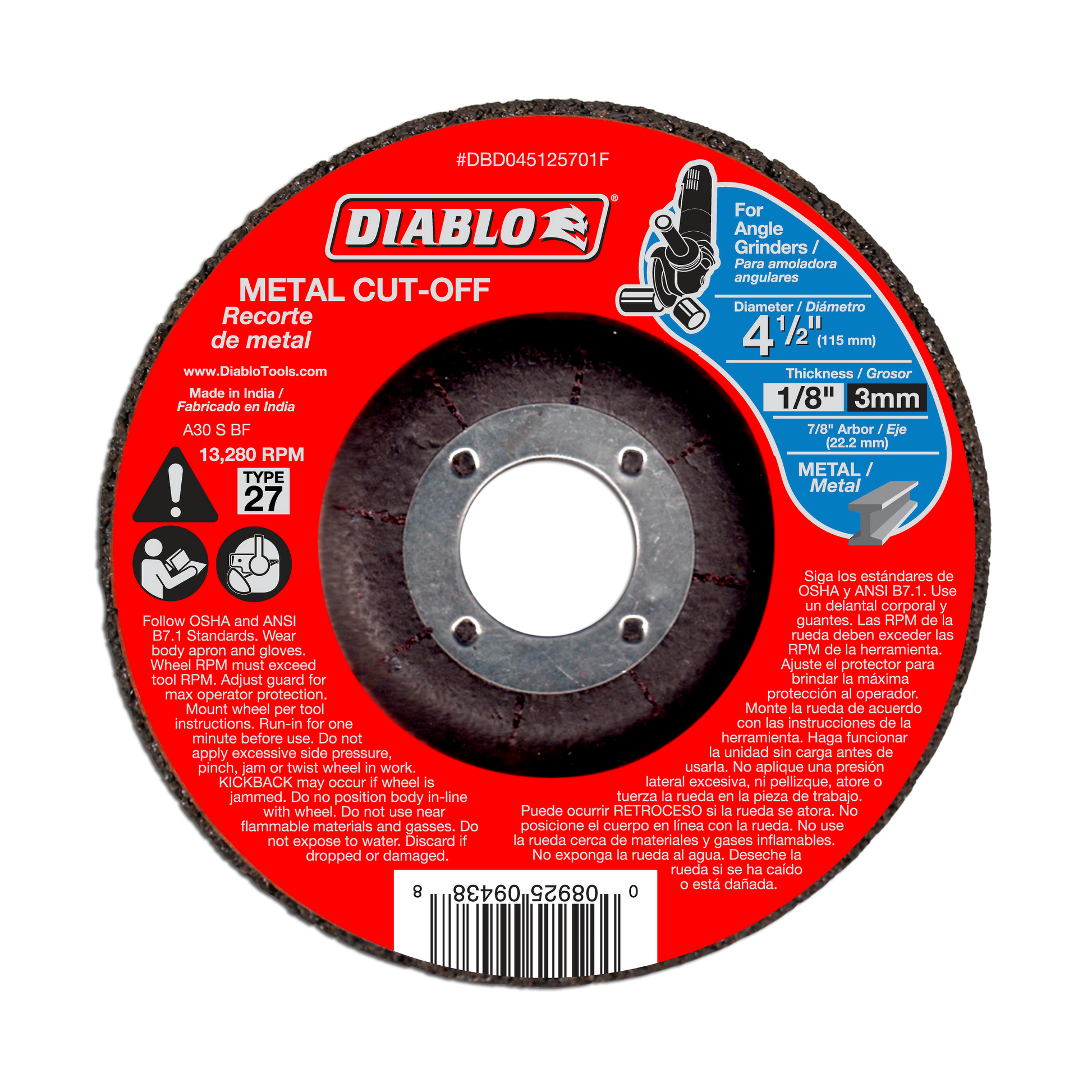Diablo 4-1/2 inch metal cut-off disc with red packaging label and dark abrasive wheel surface.