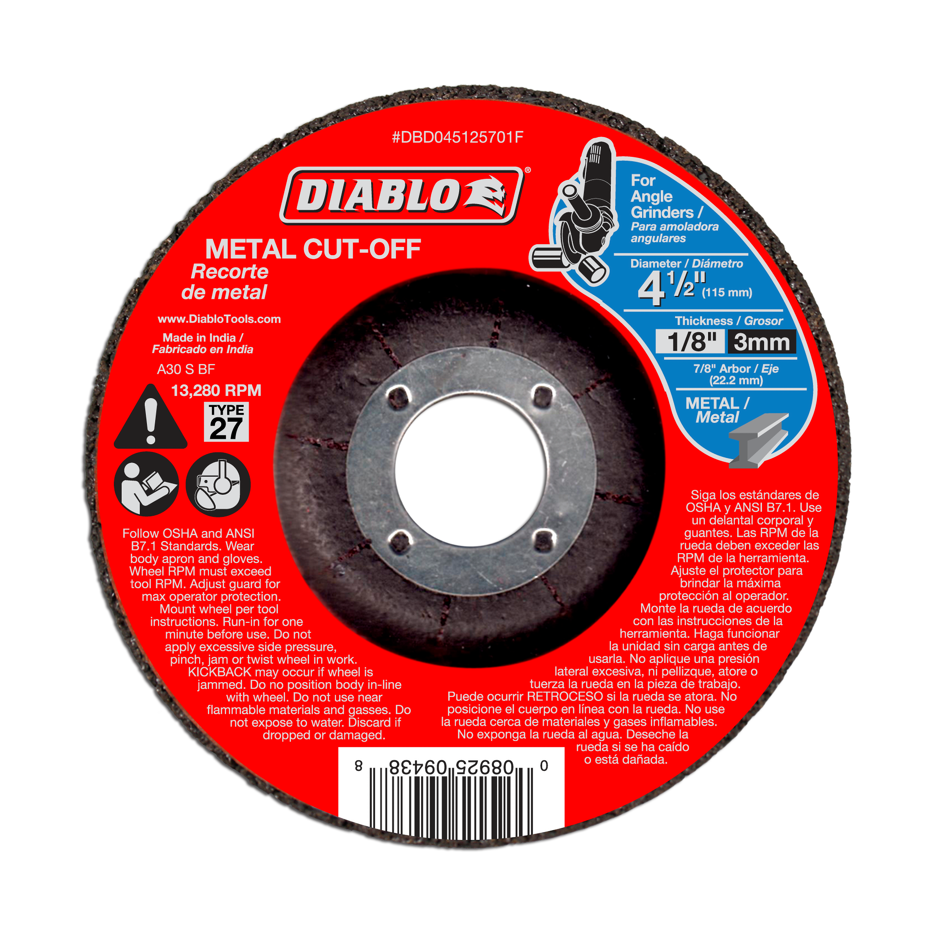 Diablo 4-1/2 inch metal cut-off disc with red packaging label and dark abrasive wheel surface.