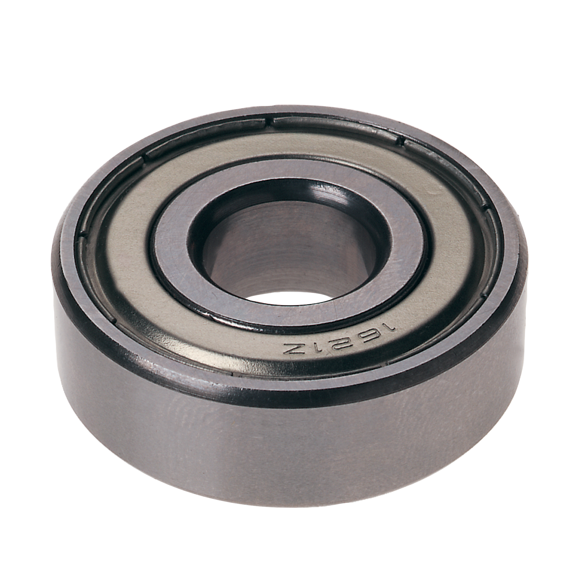 Cylindrical steel ball bearing with concentric grooves and central bore, viewed from above.