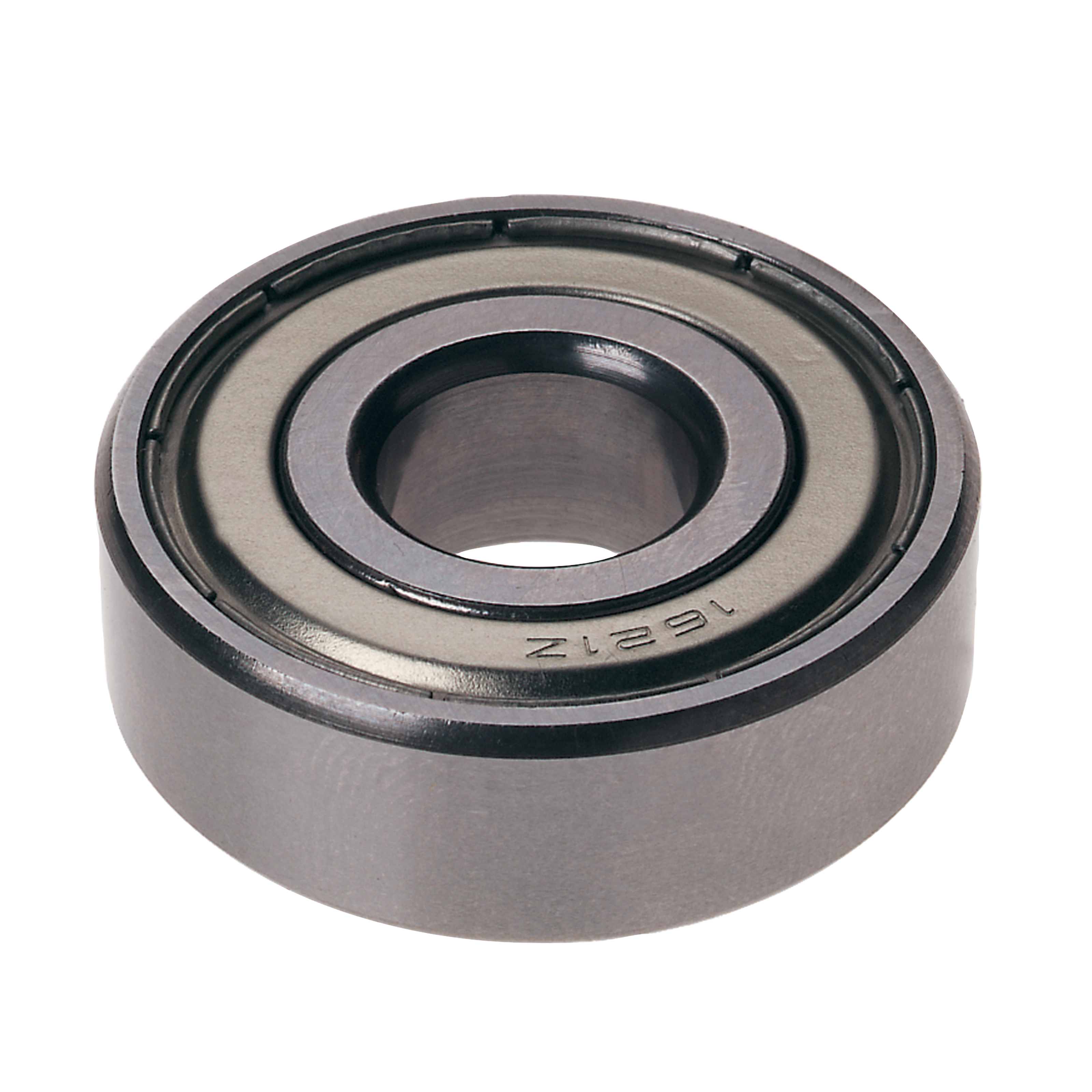 Cylindrical steel ball bearing with concentric grooves and central bore, viewed from above.