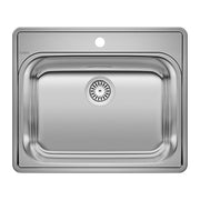 Stainless steel drop-in laundry sink with single basin, drain strainer, and one faucet hole.