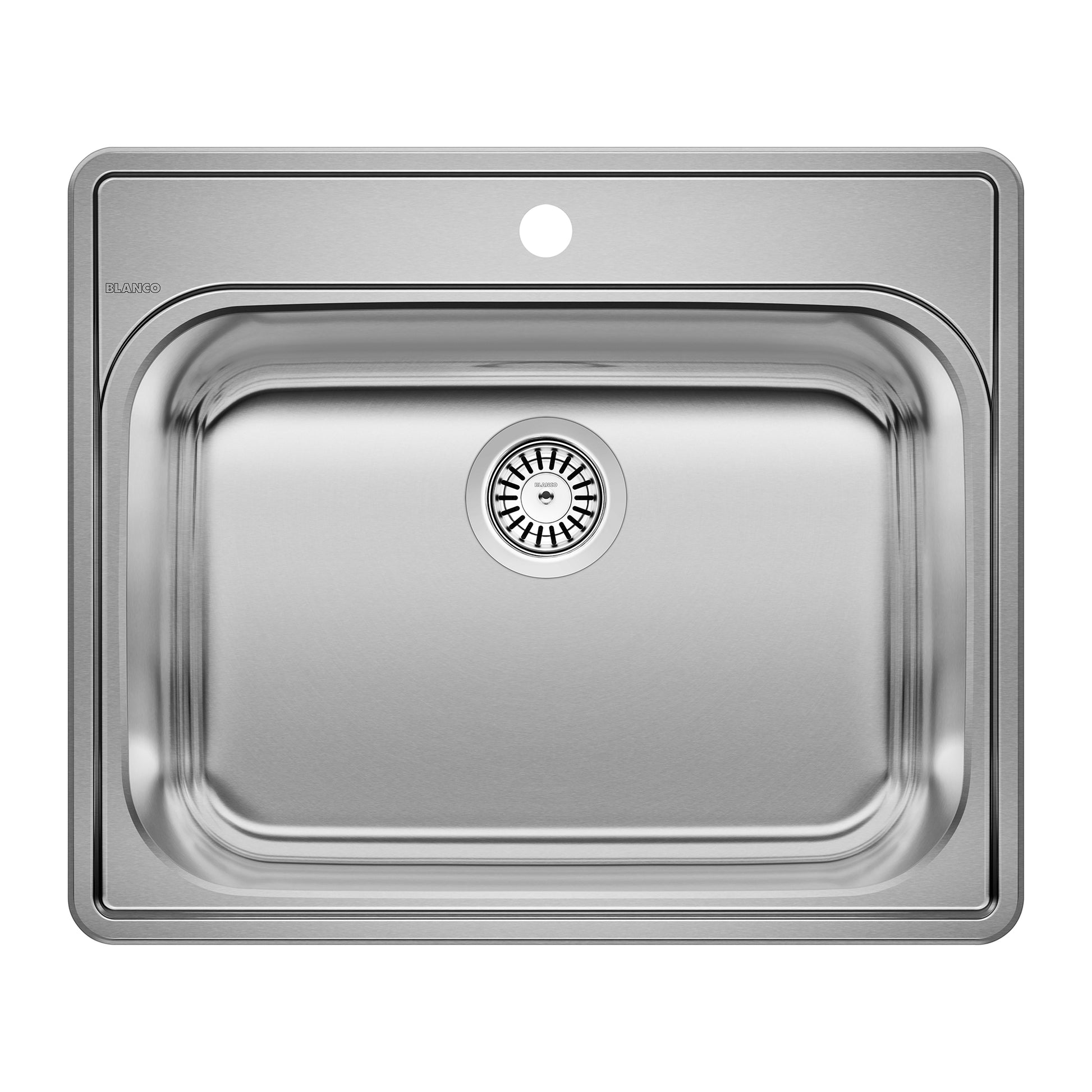 Stainless steel drop-in laundry sink with single basin, drain strainer, and one faucet hole.