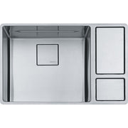 Stainless steel undermount sink with one large square basin and two smaller rectangular compartments on the right side.