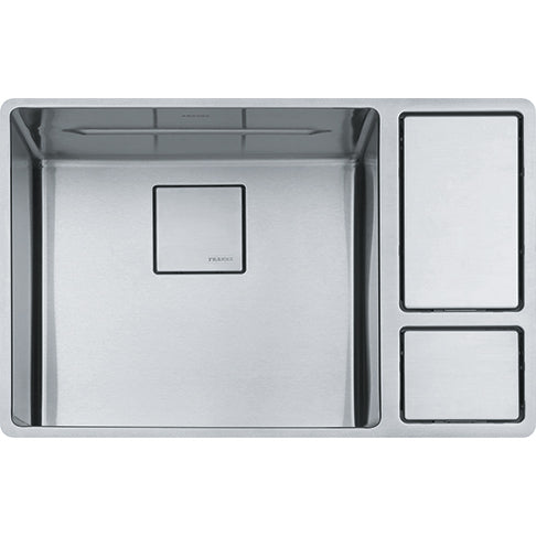 Stainless steel undermount sink with one large square basin and two smaller rectangular compartments on the right side.