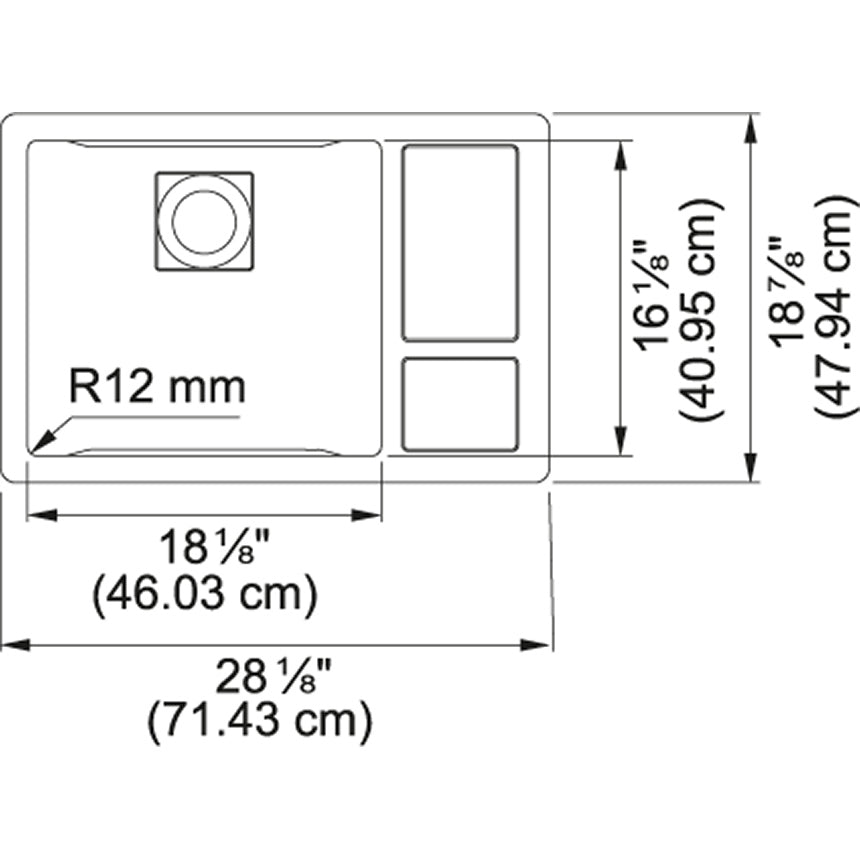 Stainless steel sink with rounded left basin, two rectangular compartments on right, and circular drain hole with dimensions 