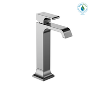 Polished chrome single-handle vessel faucet with curved spout and tall square base.