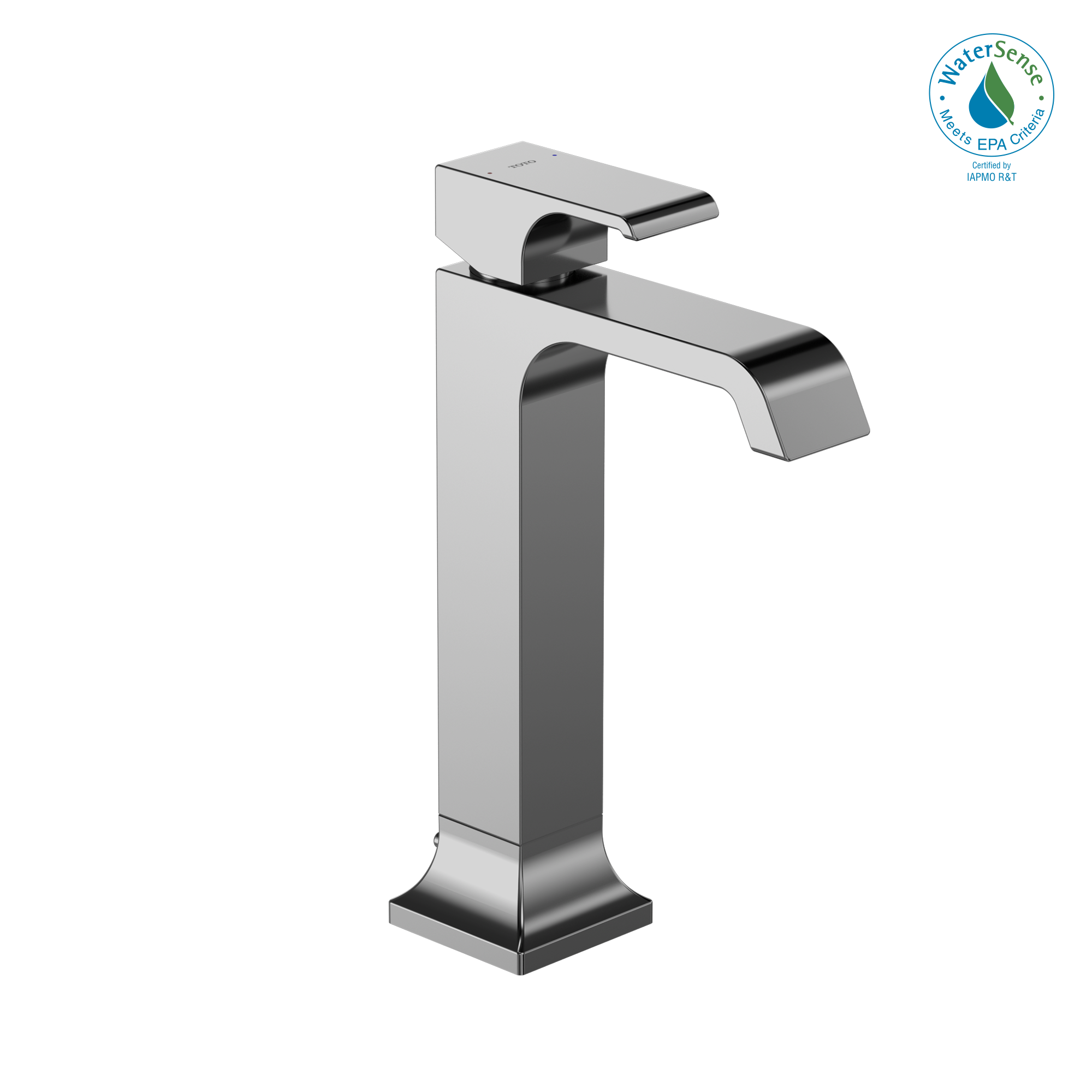Polished chrome single-handle vessel faucet with curved spout and tall square base.