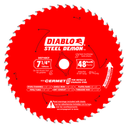 Red circular saw blade with 48 teeth, labeled Diablo Steel Demon, 7-1/4 inch diameter for cutting metals and stainless steel.