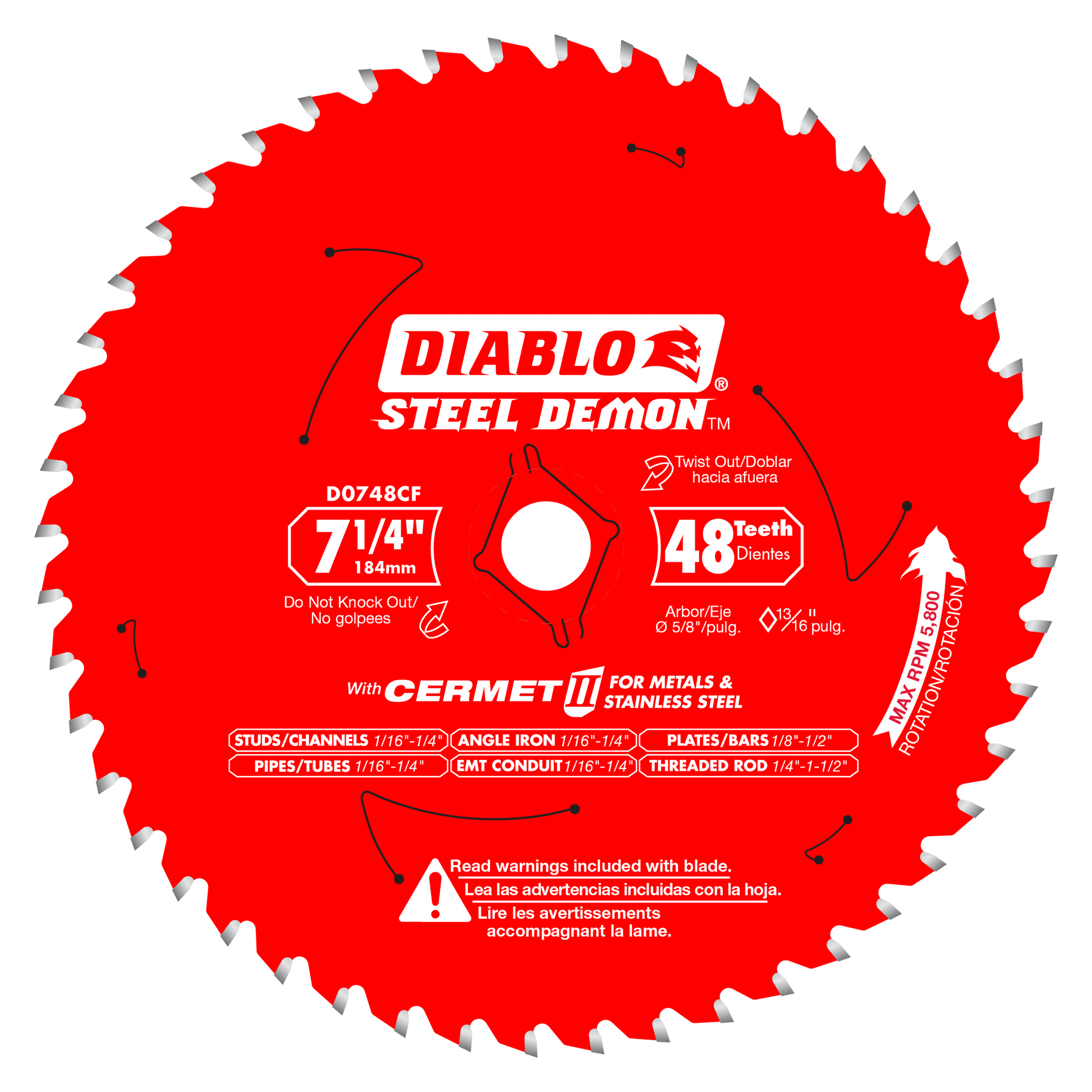 Red circular saw blade with 48 teeth, labeled Diablo Steel Demon, 7-1/4 inch diameter for cutting metals and stainless steel.