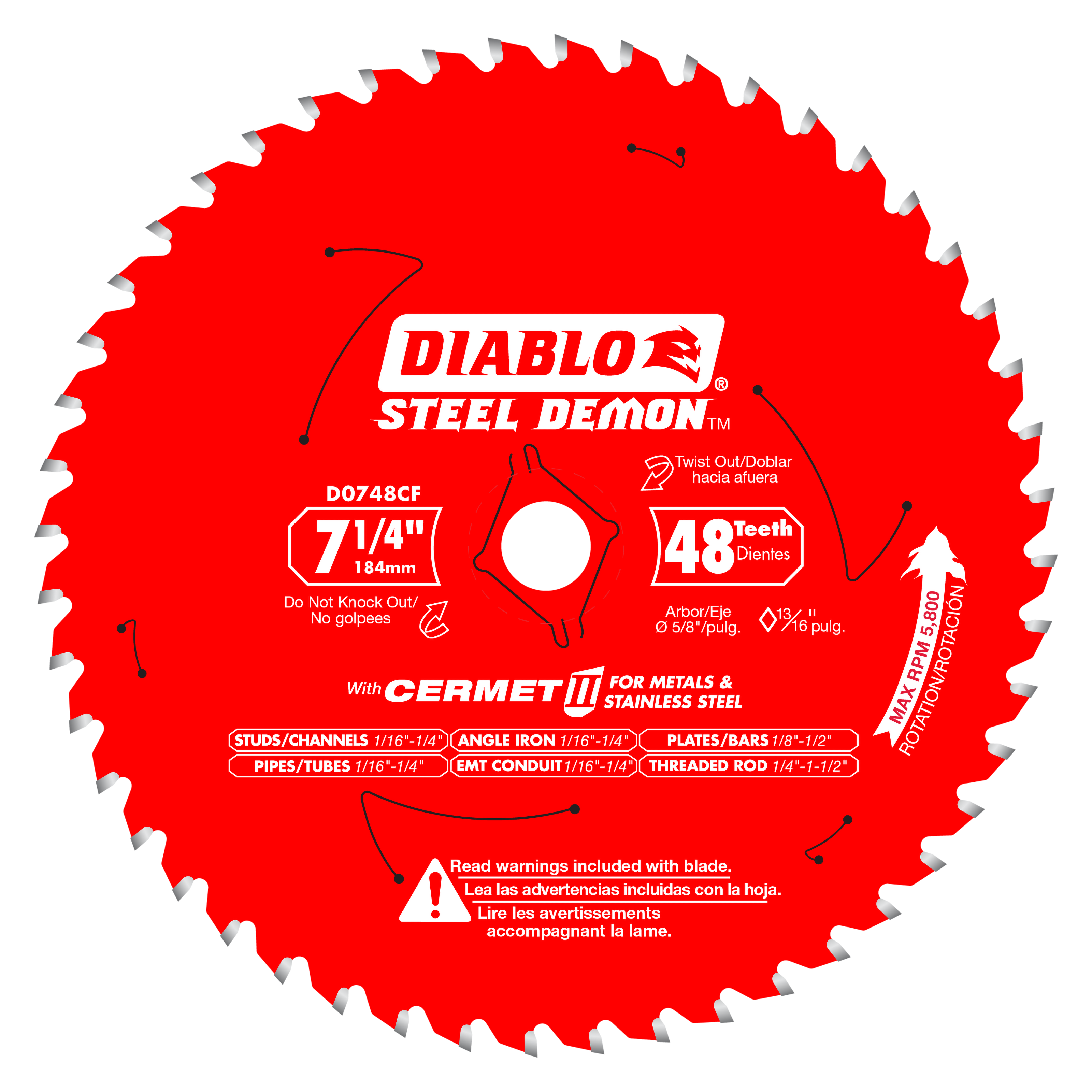 Red circular saw blade with 48 teeth, labeled Diablo Steel Demon, 7-1/4 inch diameter for cutting metals and stainless steel.