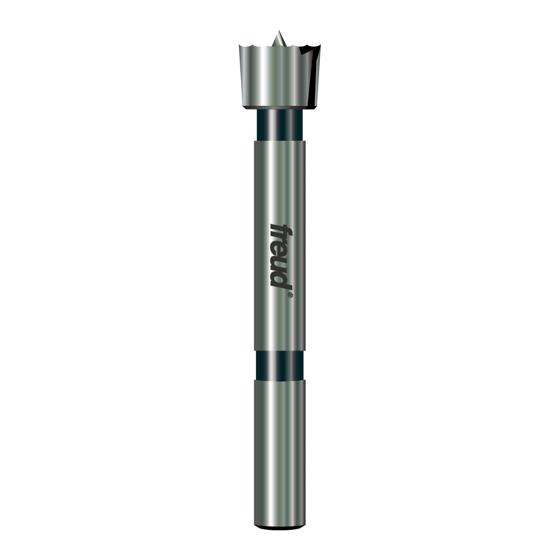 Freud Forstner bit with cylindrical steel shaft and broad cutting head with center point and outer spurs.