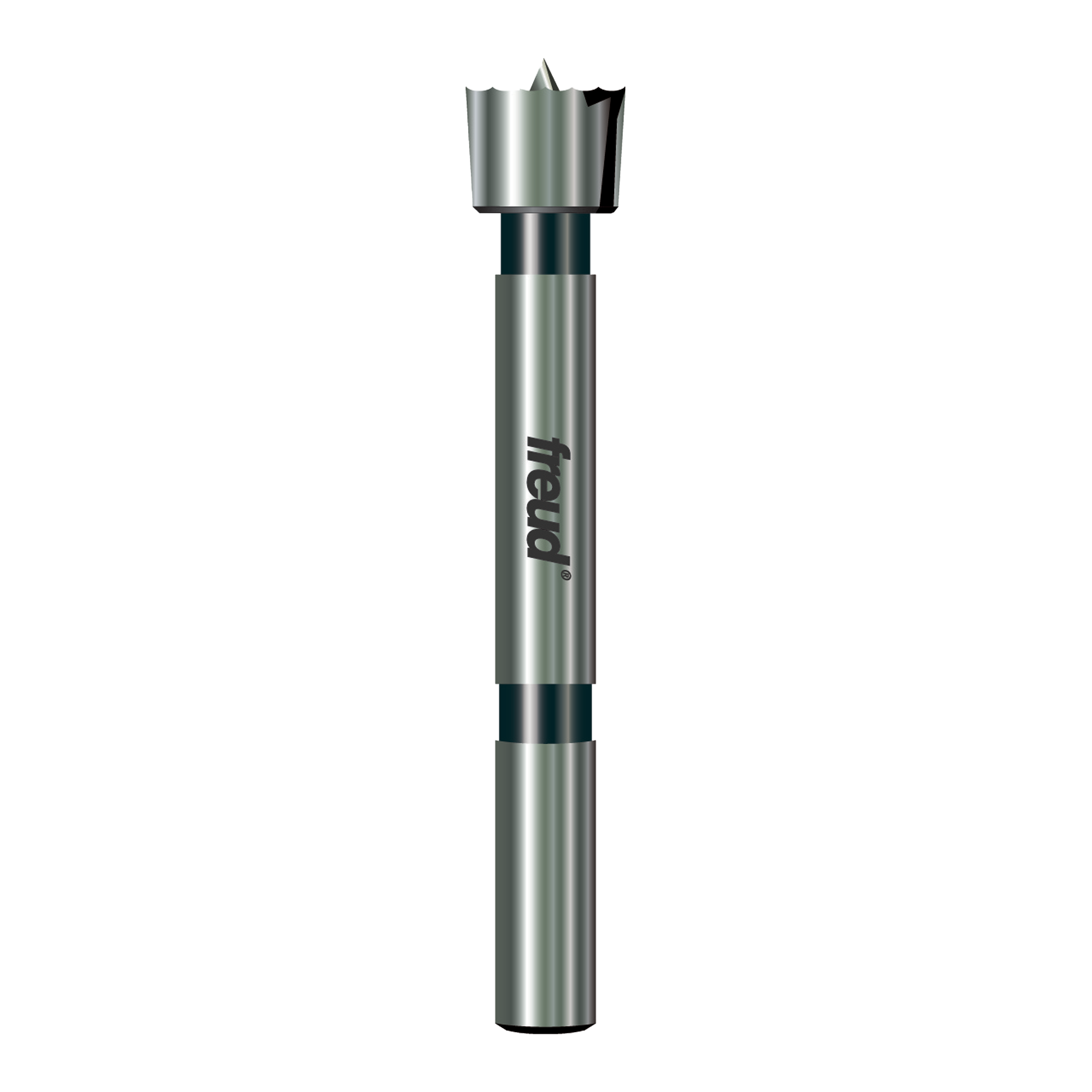 Freud Forstner bit with cylindrical steel shaft and broad cutting head with center point and outer spurs.