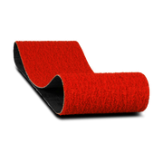 Red abrasive sanding belt with black backing, curved and extended to show the looped cylindrical shape.