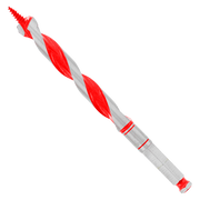 Red and silver auger bit with twisted flutes and pointed tip for boring holes in wood.