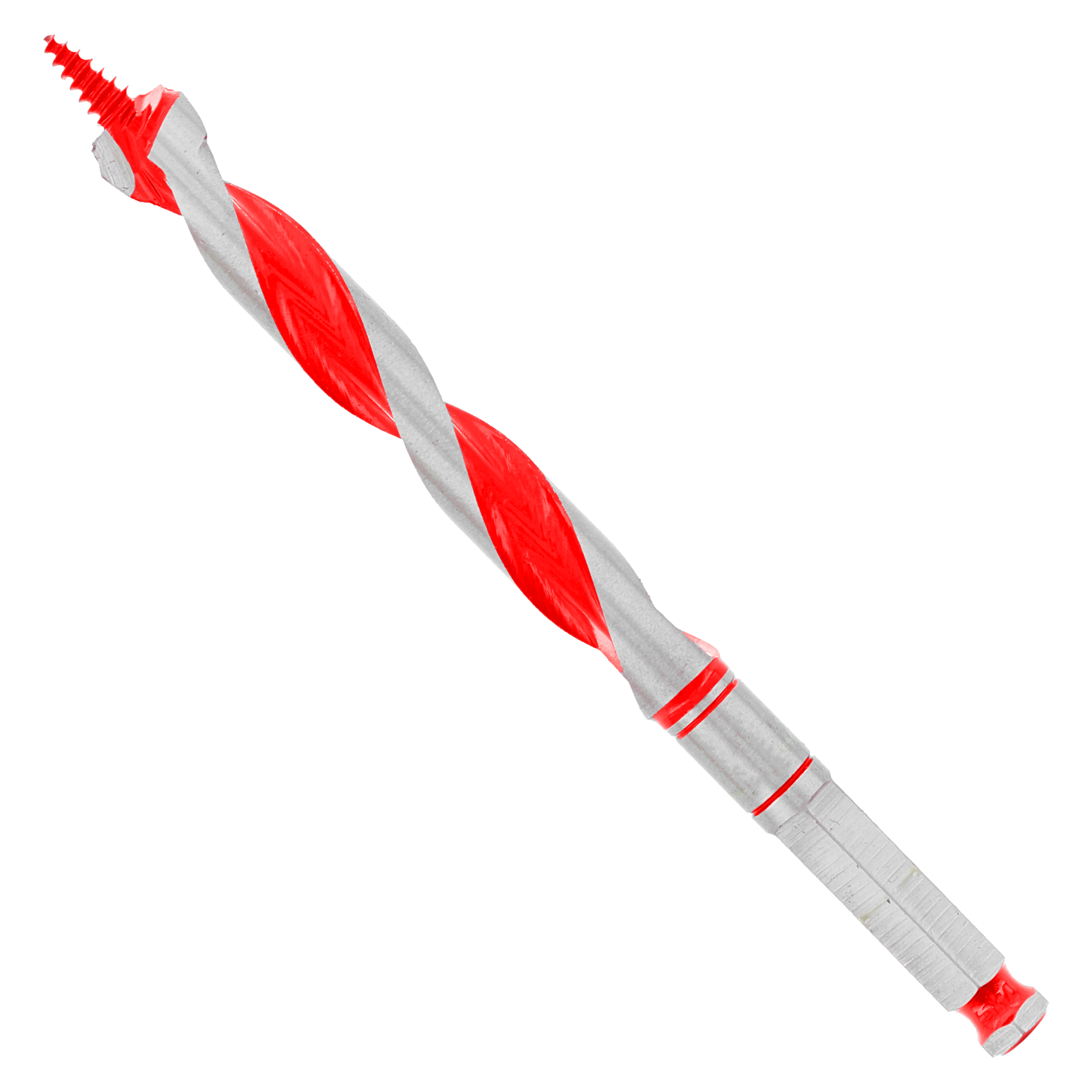 Red and silver auger bit with twisted flutes and pointed tip for boring holes in wood.