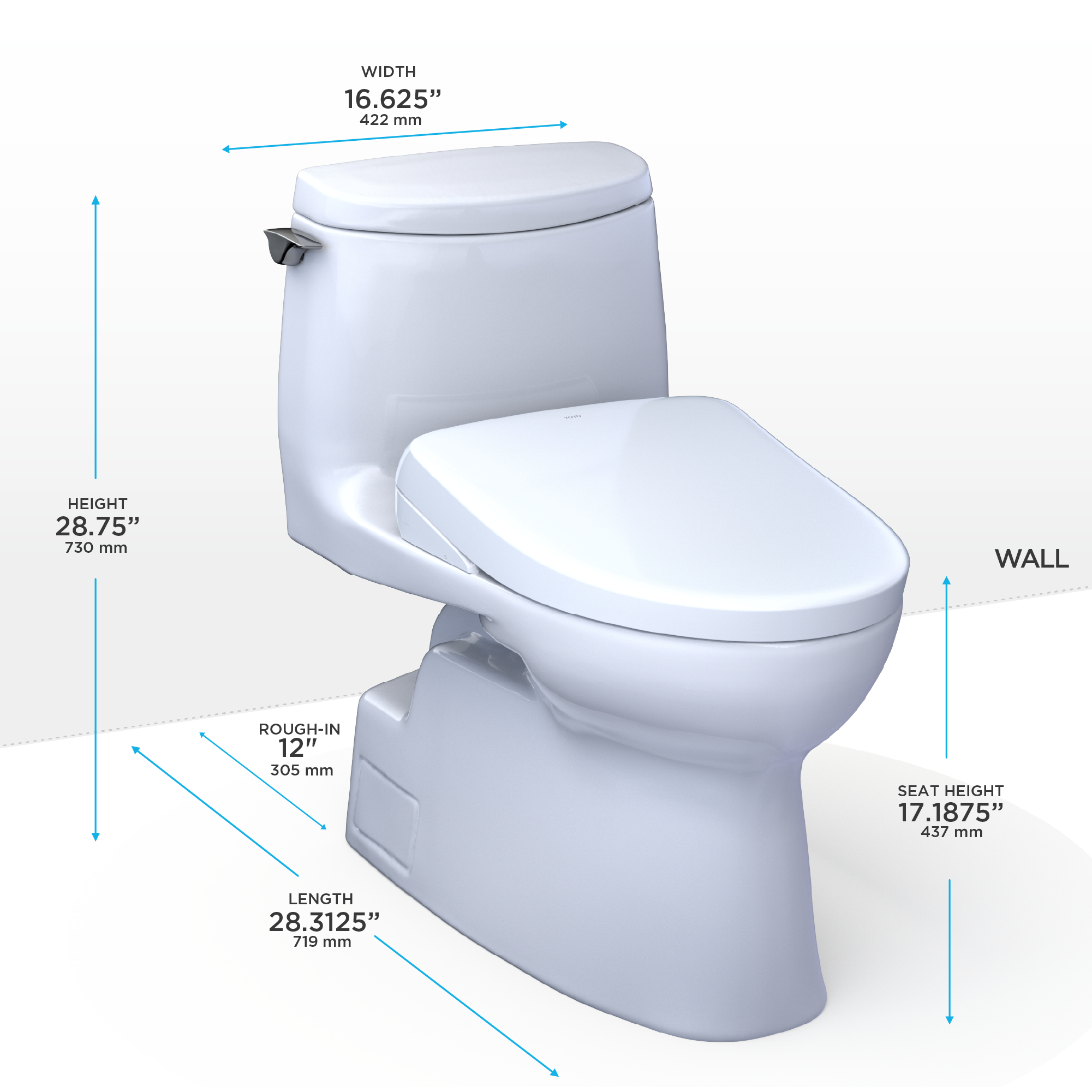 Toto Carlyle II 1G One Piece Elongated Universal Height Toilet with CEFIONTECT 1.0 GPF with Contemporary Washlet+ S7 Bidet Seat in Cotton White