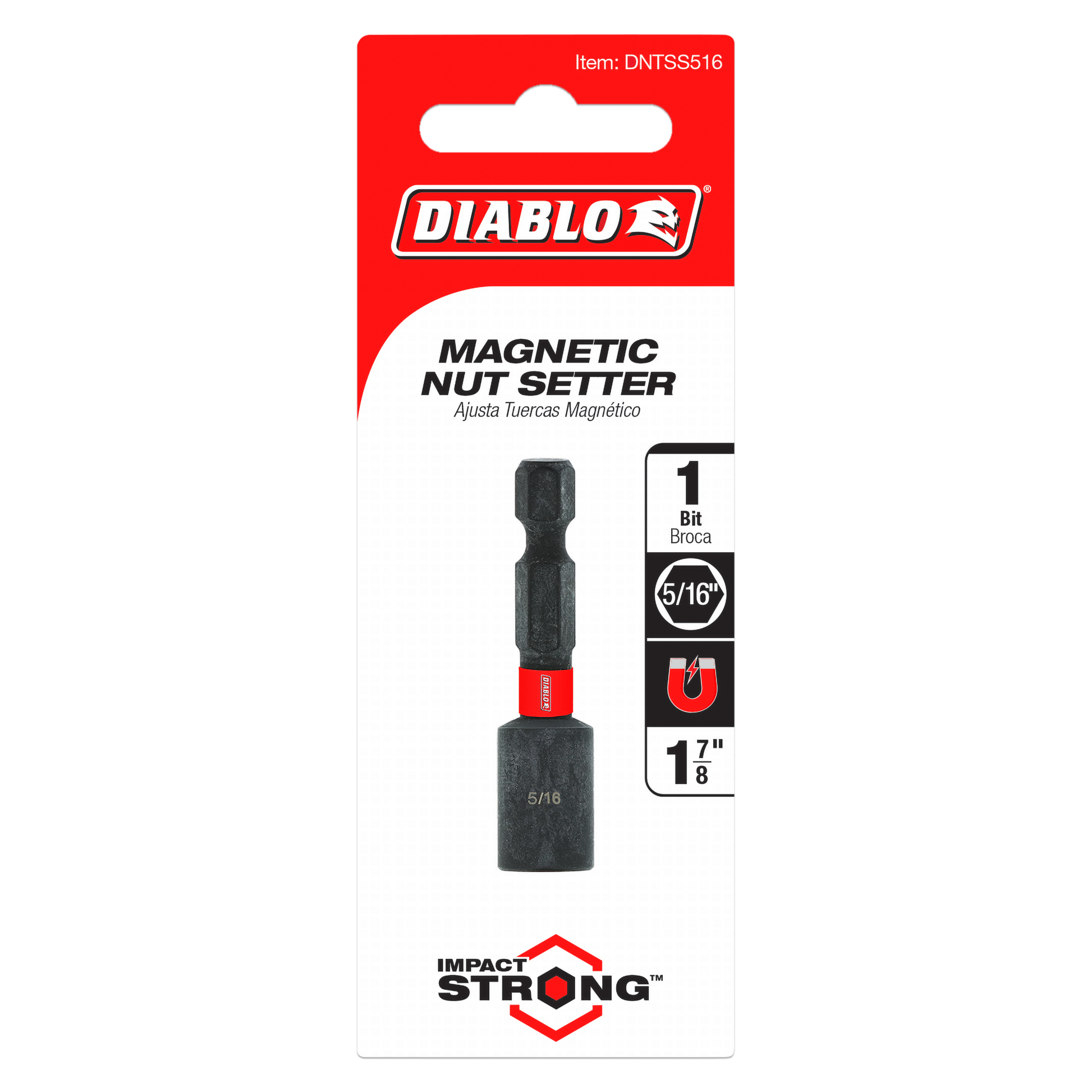 Diablo magnetic nut setter with black hex socket and red band on red and white packaging card.