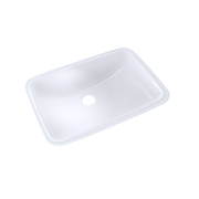 White rectangular undermount bathroom sink with rounded corners and single drain hole.