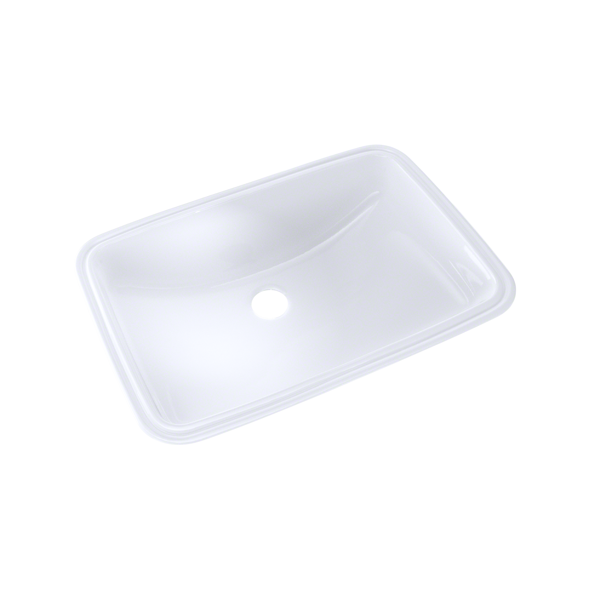 White rectangular undermount bathroom sink with rounded corners and single drain hole.