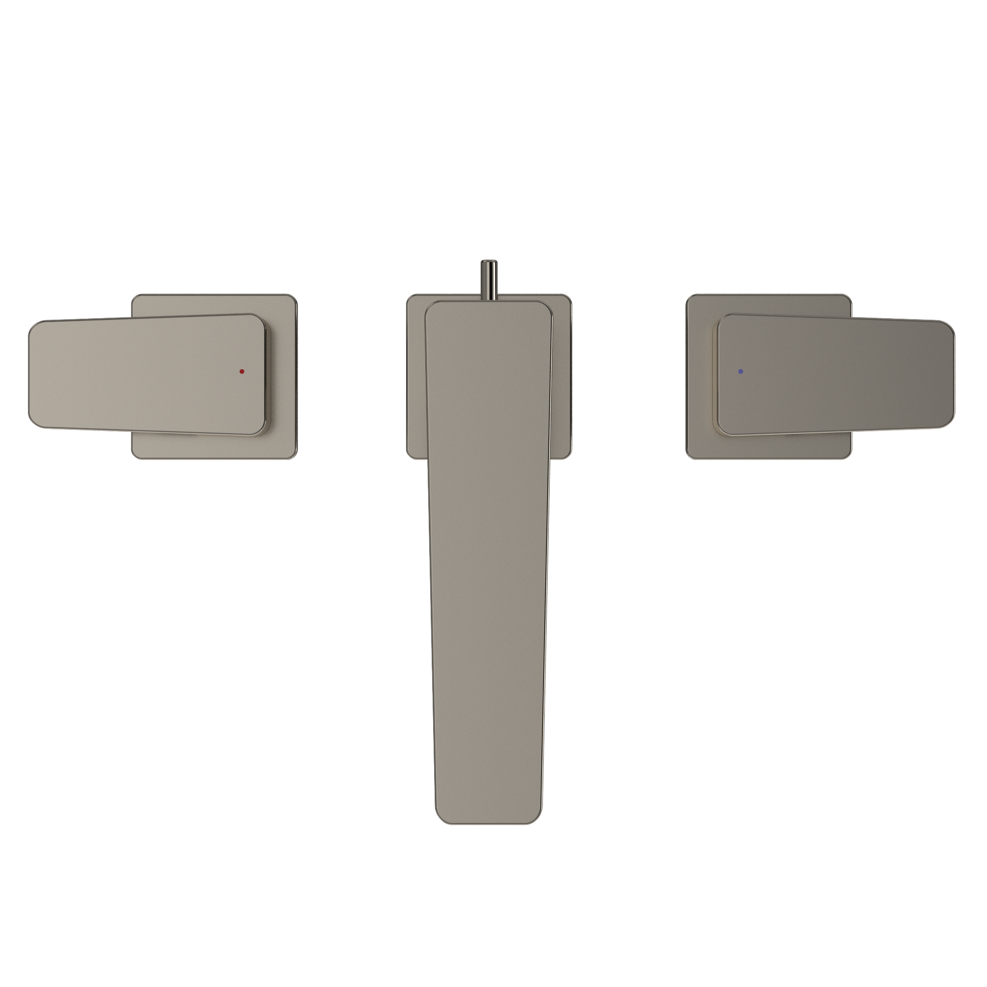 Polished nickel two-handle widespread bathroom sink faucet with elongated spout and rectangular handles.
