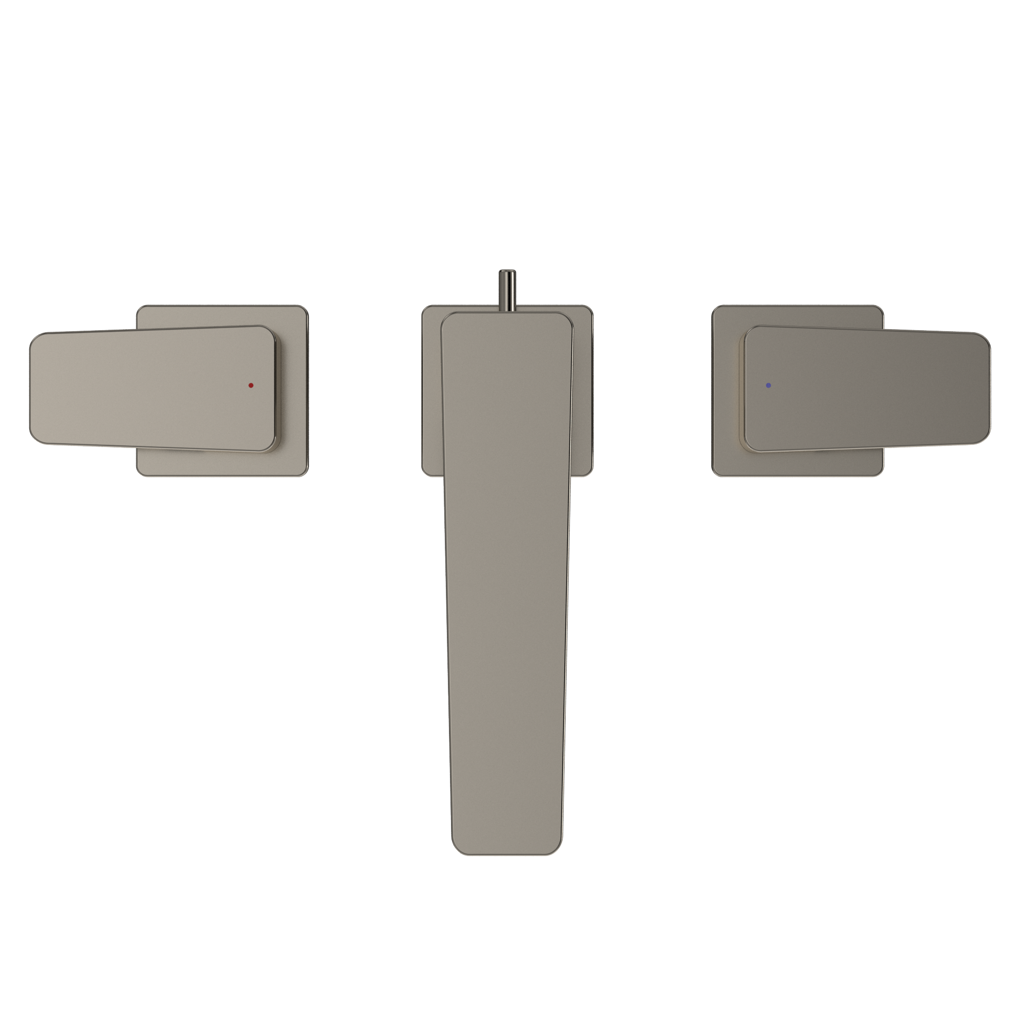 Polished nickel two-handle widespread bathroom sink faucet with elongated spout and rectangular handles.