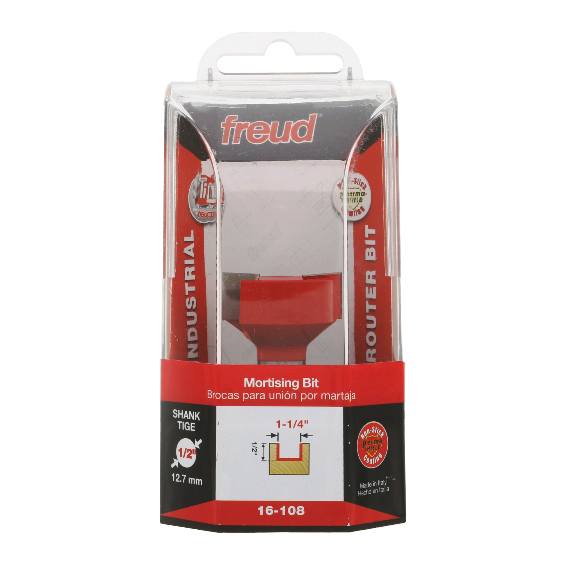Freud 16-108 mortising bit with red cutting head and 1/2" shank in clear plastic clamshell packaging.