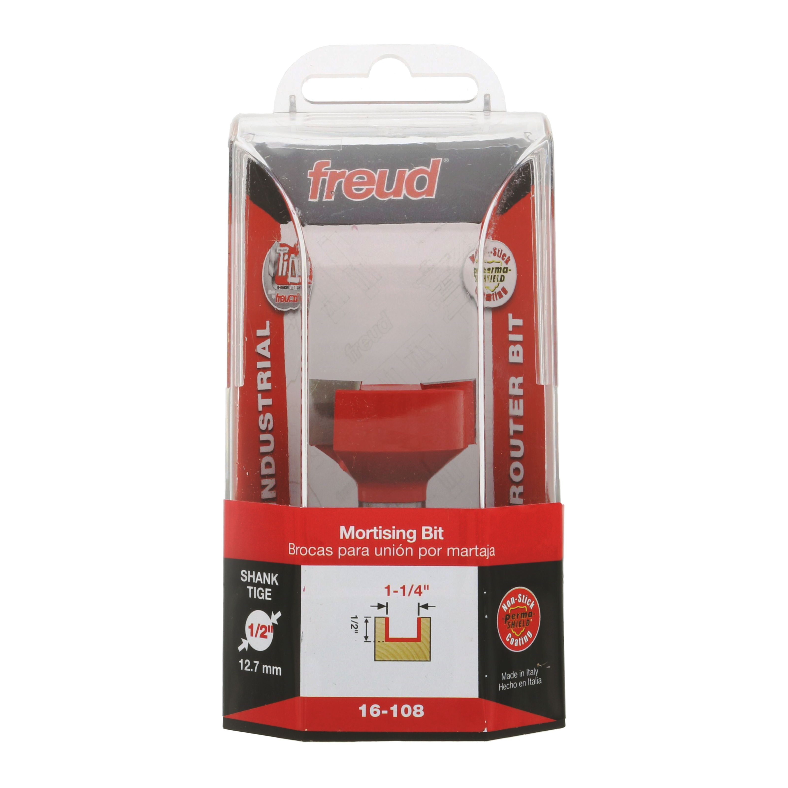 Freud 16-108 mortising bit with red cutting head and 1/2" shank in clear plastic clamshell packaging.