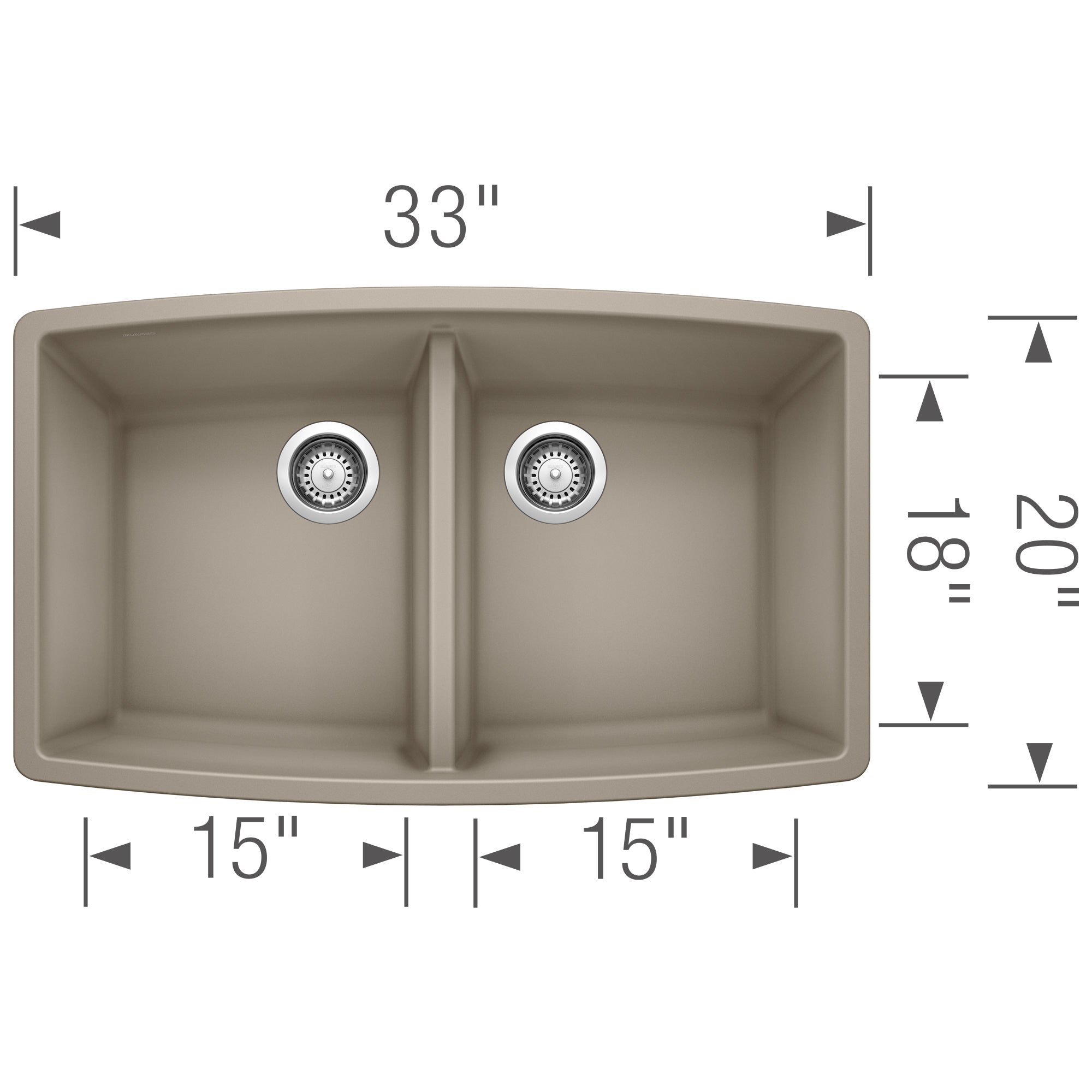 Truffle gray double bowl undermount sink with two circular drains, 33 inches wide, 20 inches deep, 8 inches bowl depth.