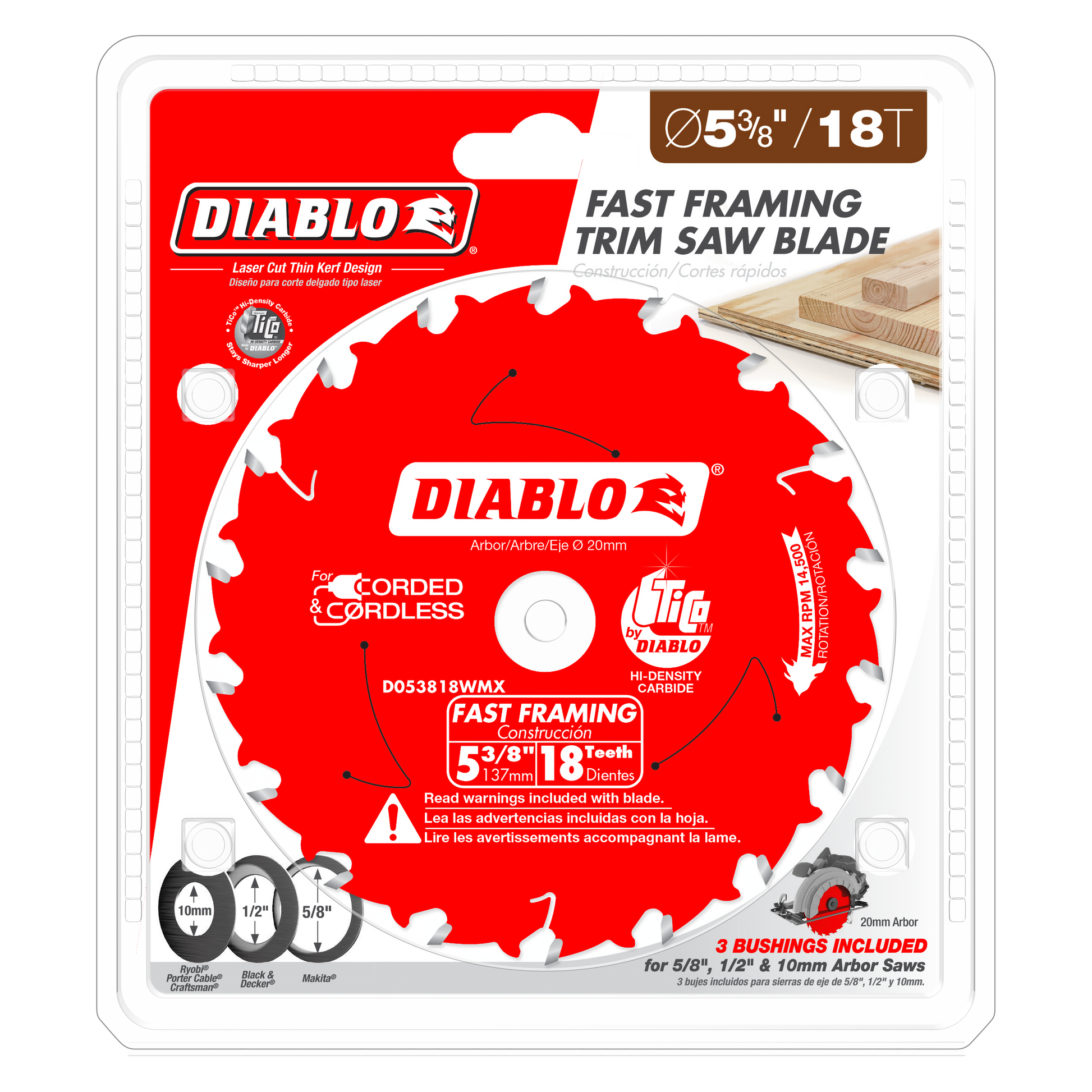 Red Diablo circular saw blade with 18 white teeth, 5-3/8 inch diameter, on retail packaging with specifications and arbor bus