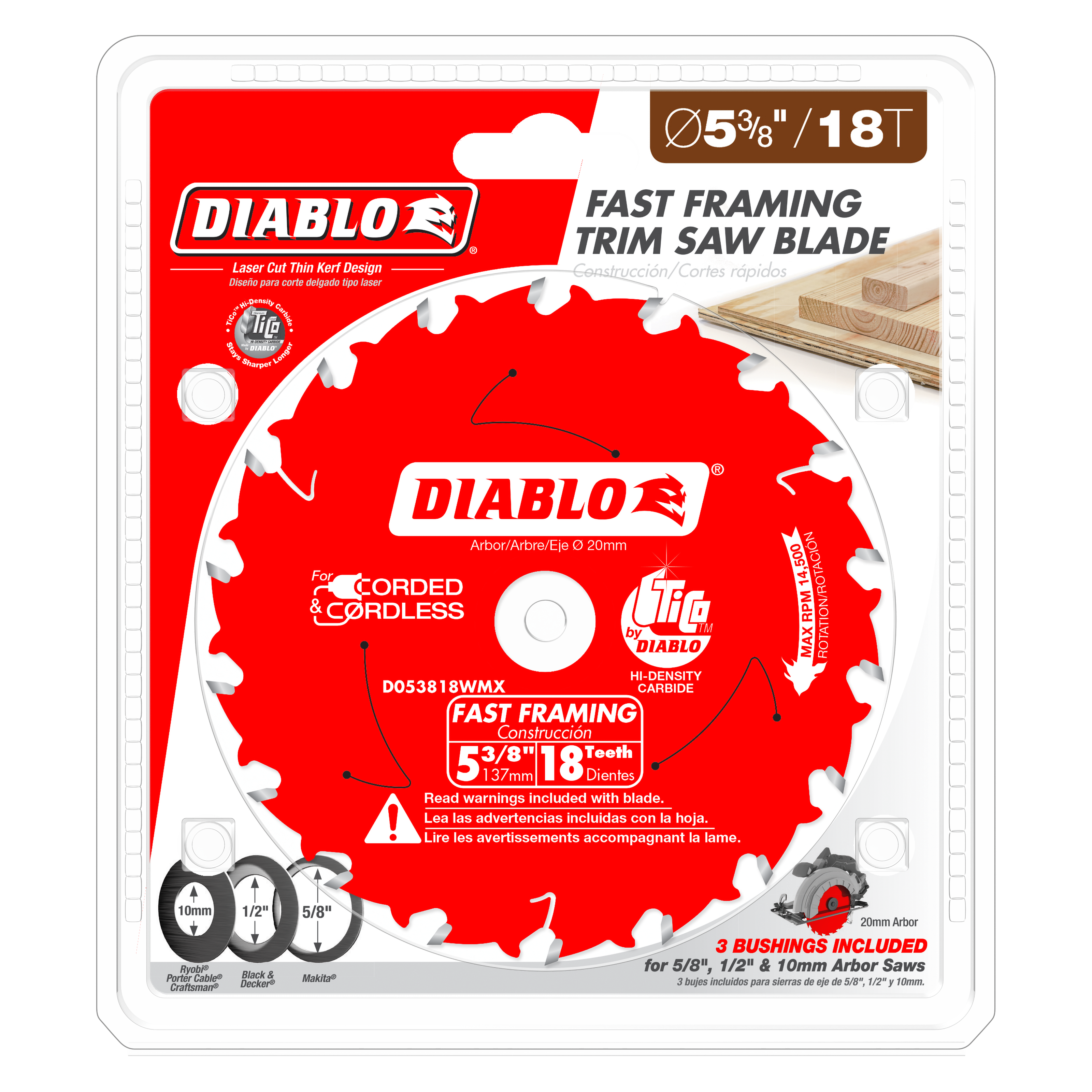 Red Diablo circular saw blade with 18 white teeth, 5-3/8 inch diameter, on retail packaging with specifications and arbor bus