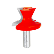 Red router bit with curved edges and silver shank labeled Freud 99-065 for creating finger pull door lips.